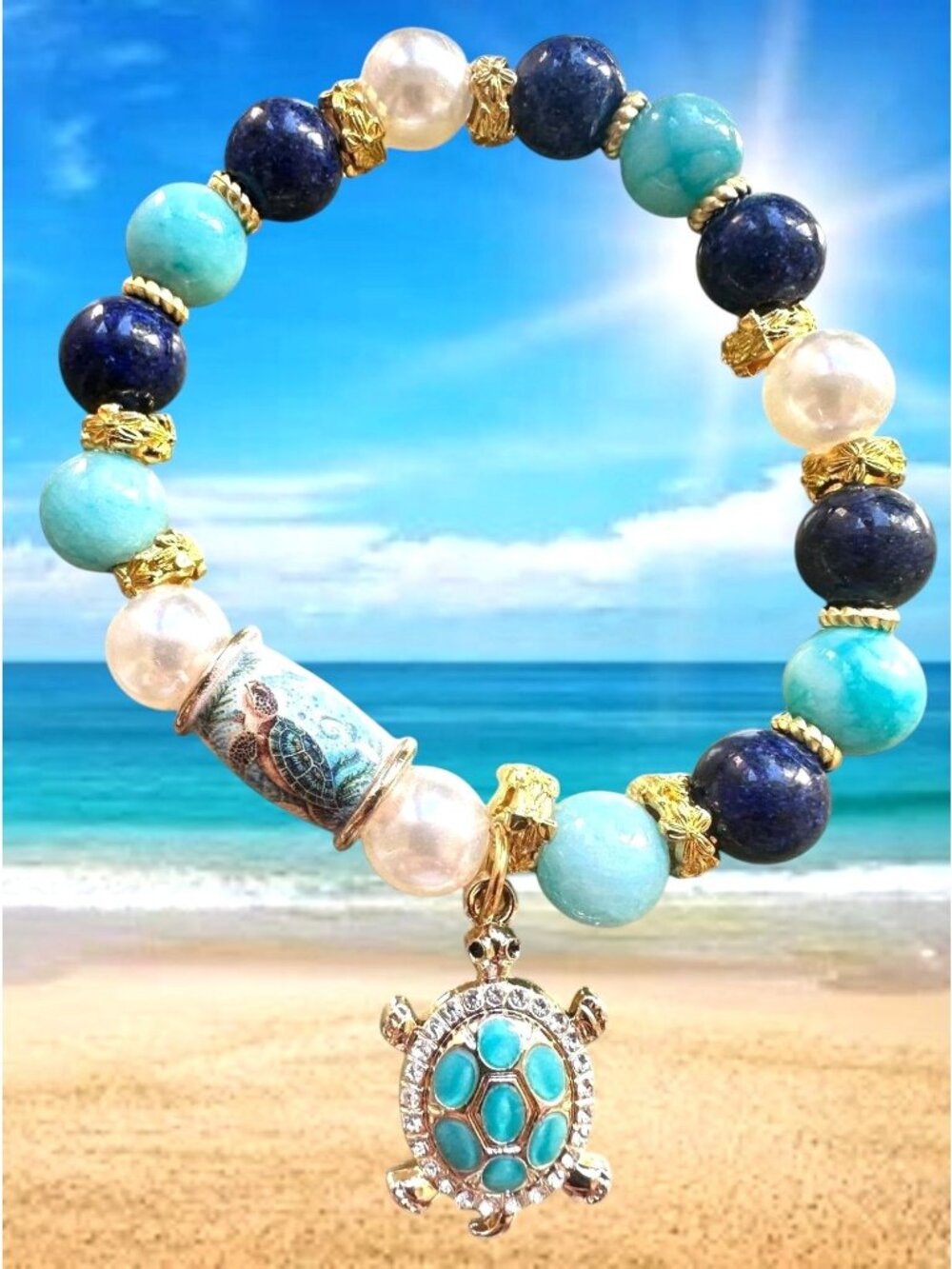 Sea Turtle Charm Bracelet Limited Edition Beaded Stretch Cruise Beach New in Box